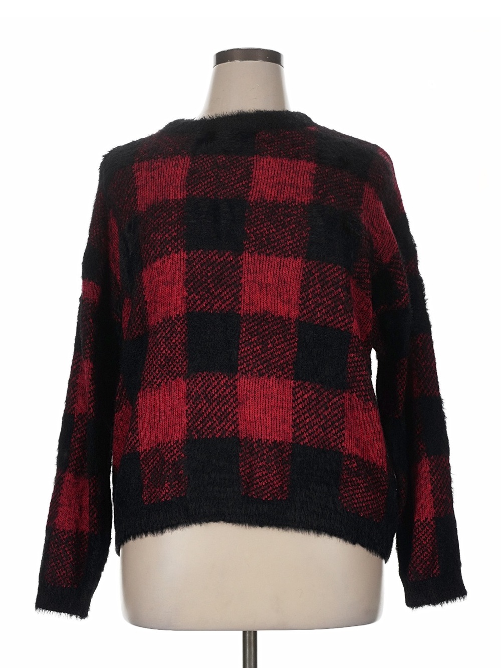 Time and Tru Red and Black Buffalo Plaid Crew Neck Sweater